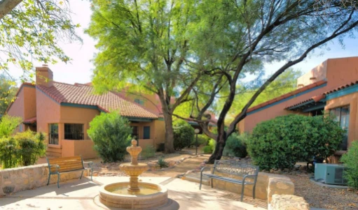 AdobeStock_540018633-scaled-e1739986650170-1024x604 | Elite Tree Service Sunny courtyard with a stone fountain in the center, surrounded by orange adobe buildings, green trees, and metal benches.