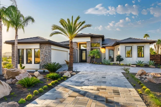 AdobeStock_740372435-1024x683 | Elite Tree Service Front view of a modern single-story house with stone veneer, palm trees, and a wide paved walkway leading to the entrance.
