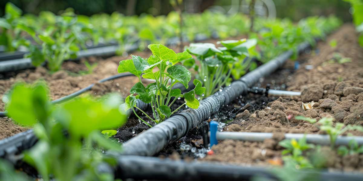 A newly installed drip irrigation system delivering precise water directly to vibrant green plants growing in rich garden soil.