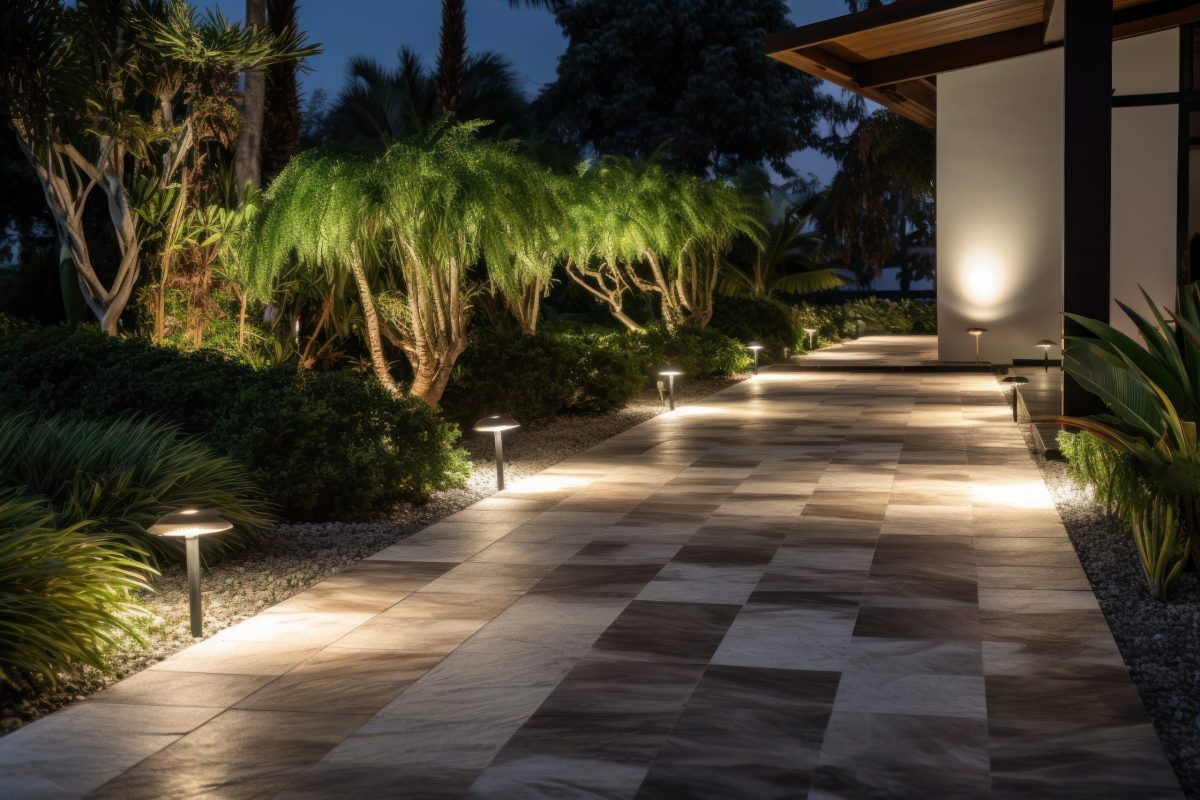 Evening view of an illuminated stone pathway featuring modern path lighting and lush landscaping.