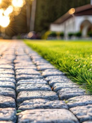 Exterior view of a roll of artificial turf resting on a brick paver walkway beside a green lawn.