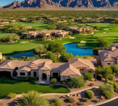 Aerial view of luxury golf course homes with tile roofs, green fairways, and water features against a desert mountain backdrop.