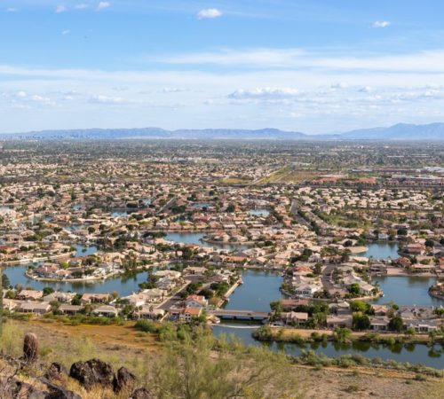 Panoramic elevated view of a desert waterfront community with winding lakes, framed by a saguaro cactus in the foreground and distant mountains.